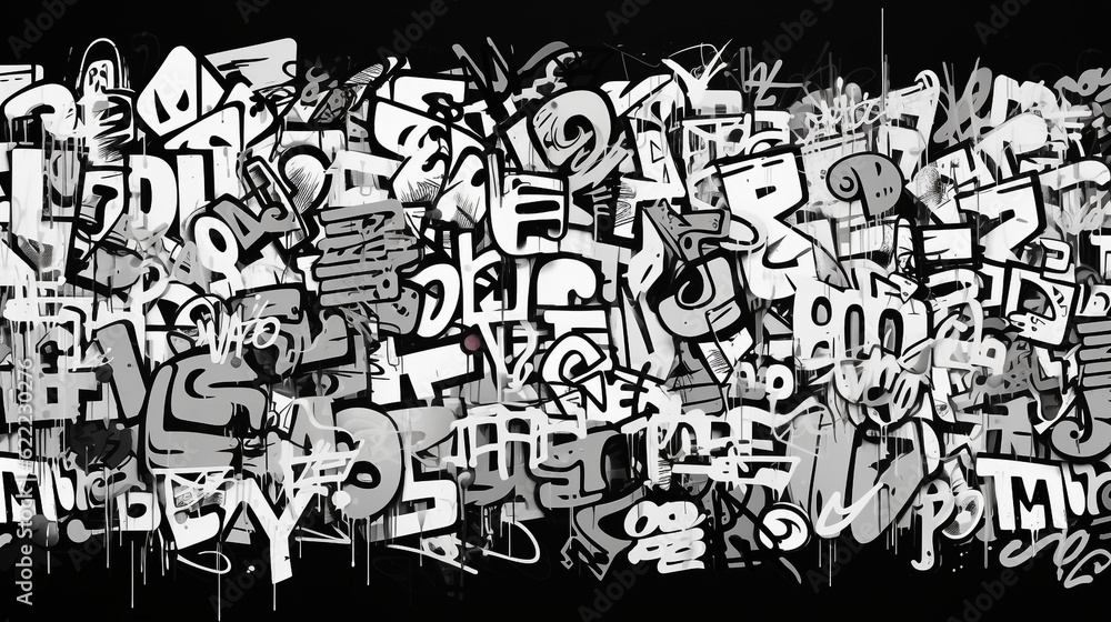 Graffiti tags wall, street art, underground urban culture, black and white. Ai generated art