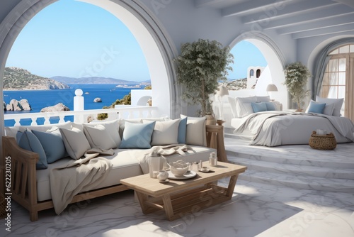 Mediterranean luxurious indoor outdoor area in a Greek Island Paradise. High end luxurious living room in a villa accommodation © aboutmomentsimages