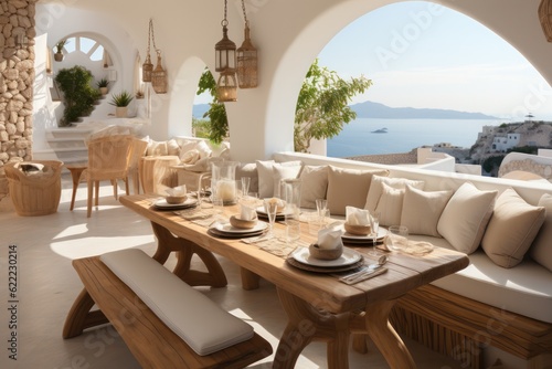 Mediterranean luxurious indoor outdoor area in a Greek Island Paradise. High end luxurious living room in a villa accommodation
