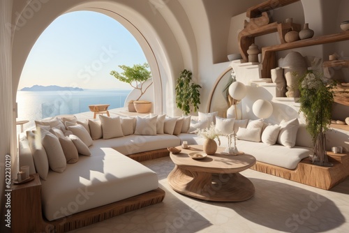 Mediterranean luxurious indoor outdoor area in a Greek Island Paradise. High end luxurious living room in a villa accommodation