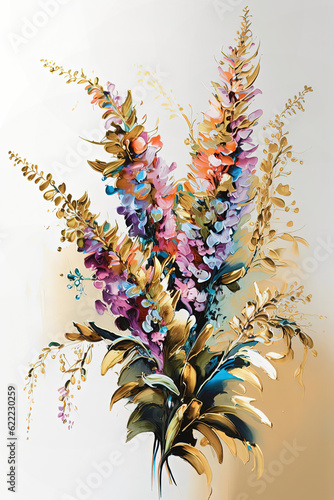Abstract floral oil painting. Colorful snapdragon flower on gold and white background photo