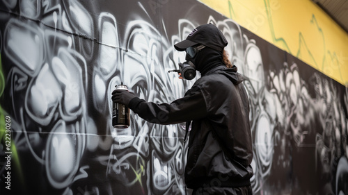 Vandal street artist painting graffiti on wall with spray, urban street art, underground culture. Ai generated art