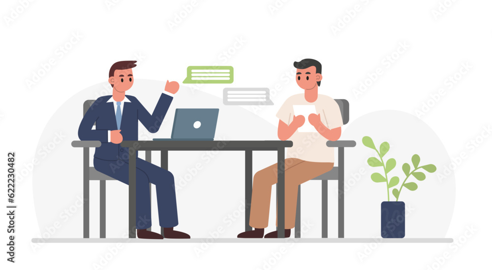HR talking with candidate about work tasks. Dialogue, collective conversation. Conducting interview. Male characters talk, survey, test. Flat vector illustration in cartoon style