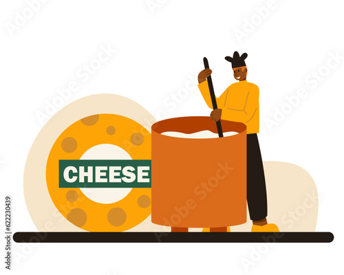 American cook in uniform kneading milk mixture. Dairy making process in factory. Production and tasting concept. Flat vector illustration in yellow and green colors