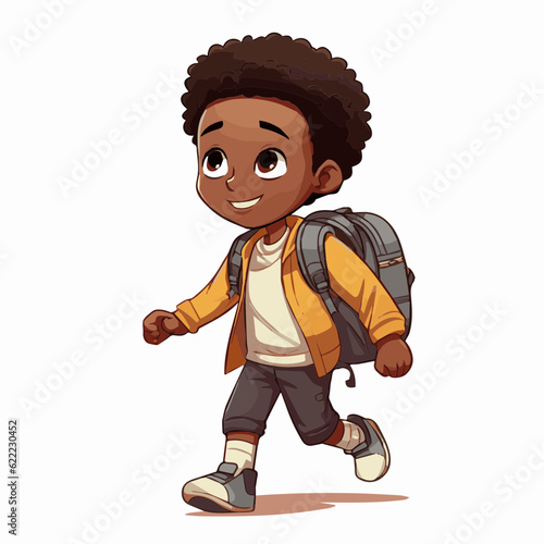 simple cartoon clipart black african american boy student child going to school white background