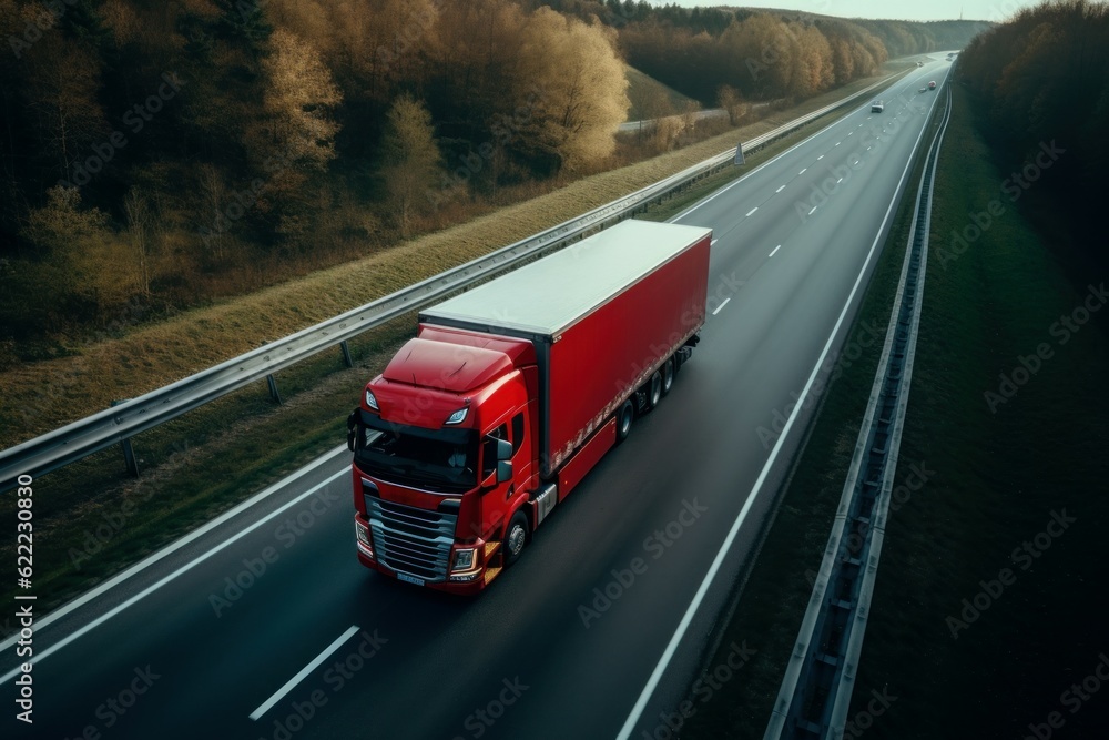 Fototapeta premium Red truck highway. Generate Ai