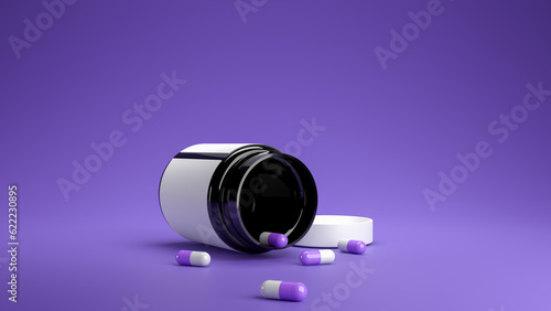 Medicine capsule blue and white, black glass bottle on blue background, The bottle is nearly empty. 3d render.