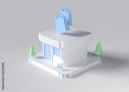 3D minimal shop with paper bags, Blue paster shop on white background. 3d render.