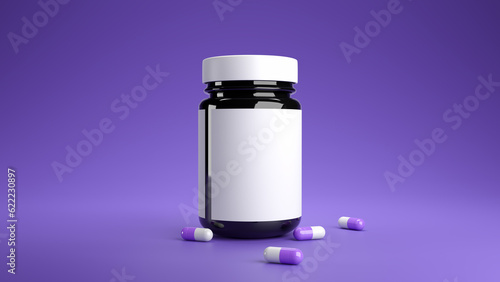 Medicine capsule blue and white, black glass bottle on blue background, 3d render.