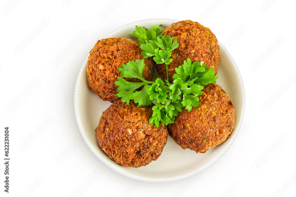 falafel on the plate isolated on white background. Top view. Flat lay. falafel on the plate isolated on white background. Top view. Flat lay.