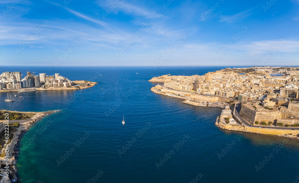 Aerial view of Valletta, Malta island, Europe. Cityscape and Mediterranean sea