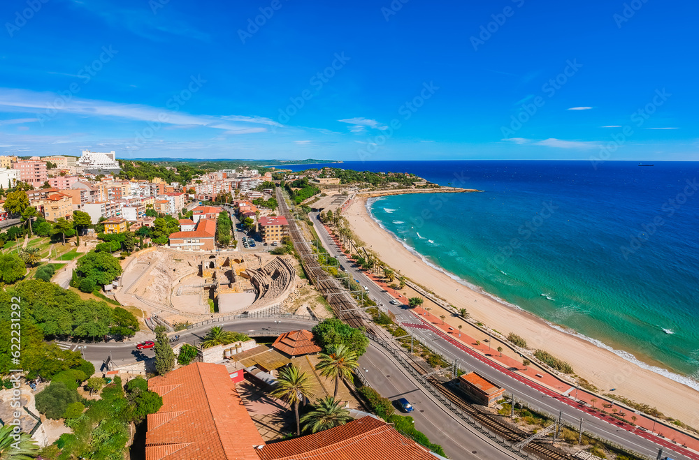 Tarragona in Catalonia, Spain, Europe. Beach and Roman amphitheater