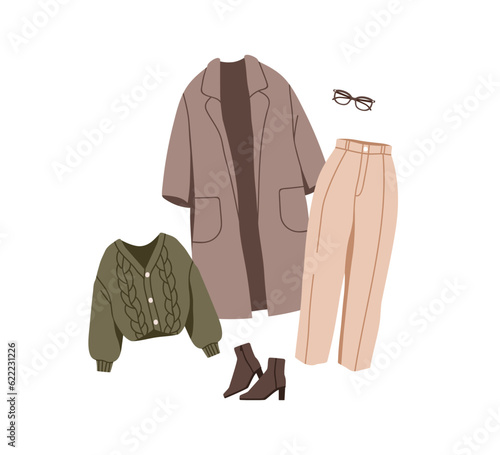 Modern women outfit, apparel set. Fashion look, autumn coat, pants, boots, cardigan and eyeglasses. Trendy stylish clothes, fall season. Flat vector illustration isolated on white background
