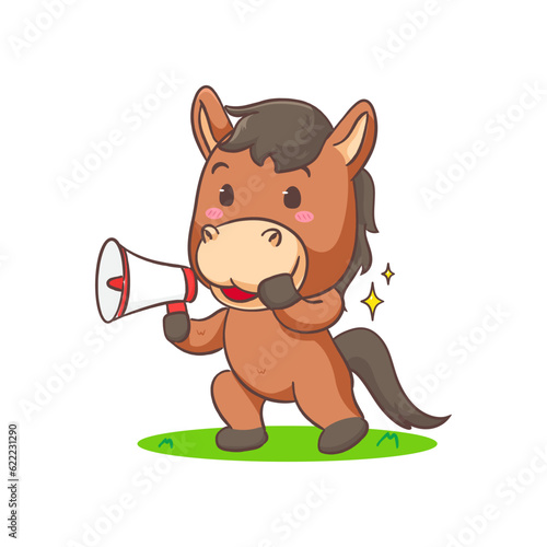Cute brown horse cartoon holding megaphone isolated white background. Adorable kawaii animal concept design vector illustration