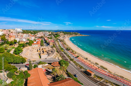 Tarragona in Catalonia, Spain, Europe. Beach and Roman amphitheater