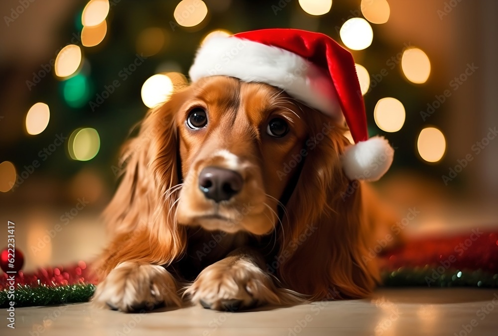Christmas, dog puppy dressed in a Santa hat sits near a decorated Christmas tree on a holiday evening, generative ai Christmas, dog puppy dressed in a Santa hat sits near a decorated Christmas tree on a holiday evening, generative ai