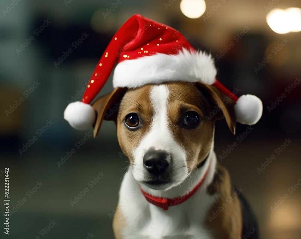 Dog in Christmas hat, generative ai