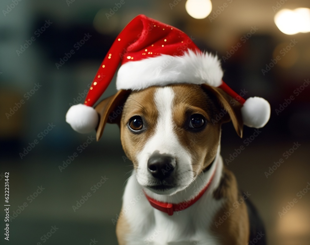 Dog in Christmas hat, generative ai Dog in Christmas hat, generative ai