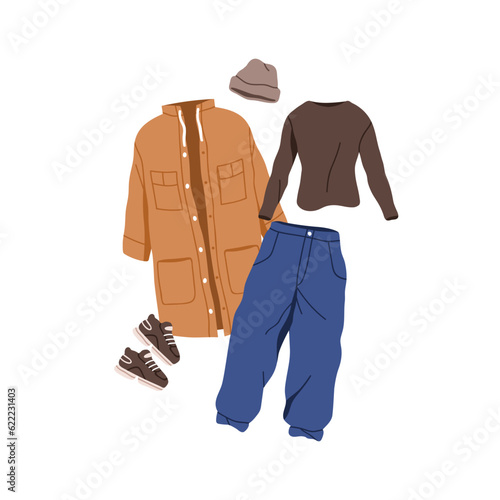 Full outfit set. Casual clothes, apparel. Jacket, pants, sneakers, hat and long-sleeve. Modern trendy look with sport shoes and trousers. Flat vector illustration isolated on white background