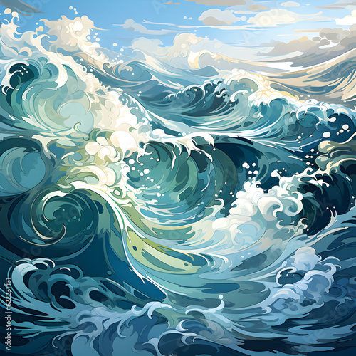 Wallpaper Mural Experience an organic pattern mimicking a tranquil lake's surface. Gentle waves ripple across an impressionistic canvas of soothing blues and greens, instilling calm and movement. Torontodigital.ca