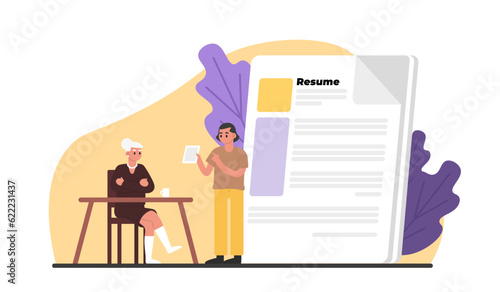 Man holding resume and talking to HR. Filling out resume for vacancy. Data collection for HR department, headhunter. Conducting interview concept. Vector flat illustration