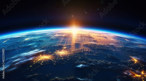 Panoramic view on planet Earth globe from space. Glowing city lights, light clouds. Generative AI