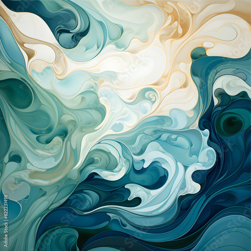 Wallpaper Mural Experience an organic pattern mimicking a tranquil lake's surface. Gentle waves ripple across an impressionistic canvas of soothing blues and greens, instilling calm and movement. Torontodigital.ca