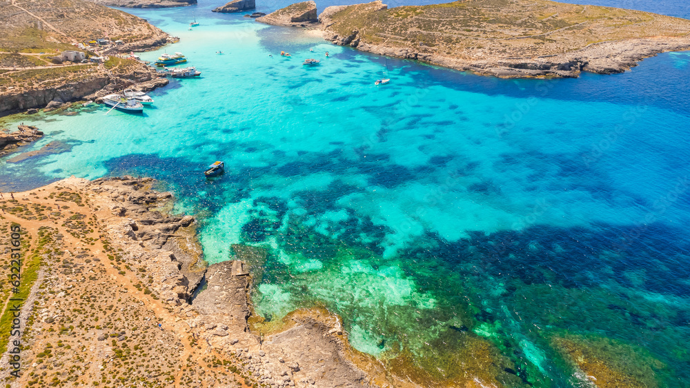 View of Blue Lagoon Malta, Europe. Azure beautiful sea, Comino island