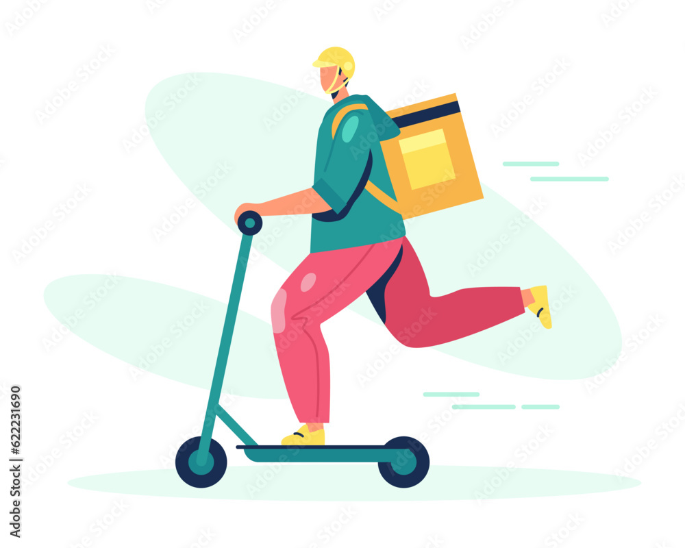 Male in uniform and protective helmet riding scooter. Delivery methods for goods, food. Various equipment for courier. Fast shipping. Colorful flat vector illustration in cartoon style