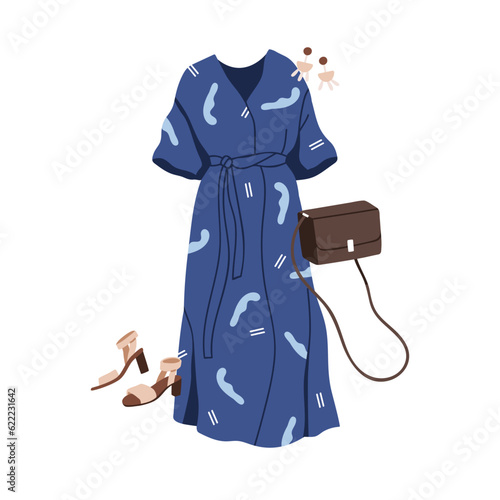 Women outfit set, long robe dress, shoulder bag, heeled sandals and earrings....
