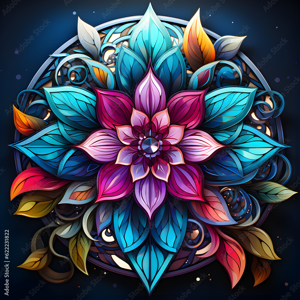 custom made wallpaper toronto digitalExplore an intricate, symmetrical mandala pattern, radiating geometric shapes and lines. Its traditional style and rich jewel tones glow in soft light, reflecting balance, harmony, and depth.