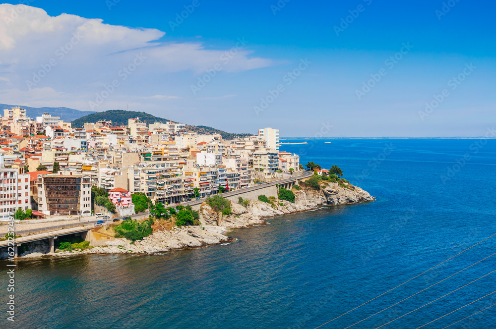 Cityscape and sea in Kavala city, Macedonia, Greece, Europe in summer