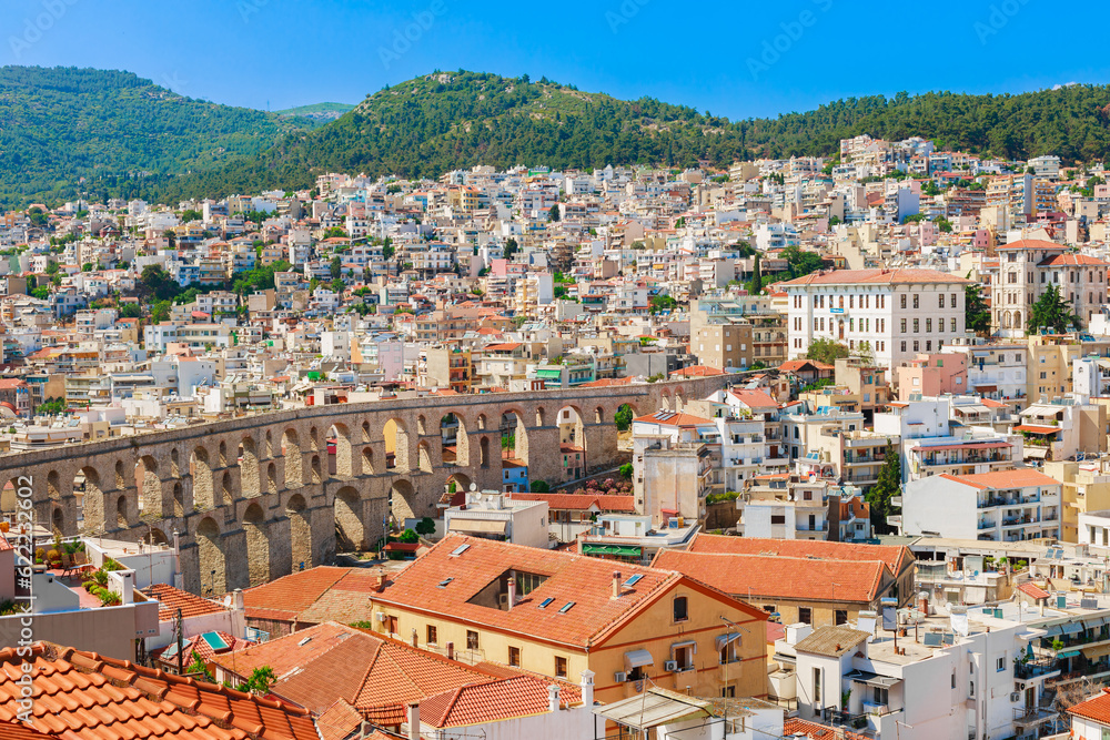 Cityscape and sea in Kavala city, Macedonia, Greece, Europe in summer