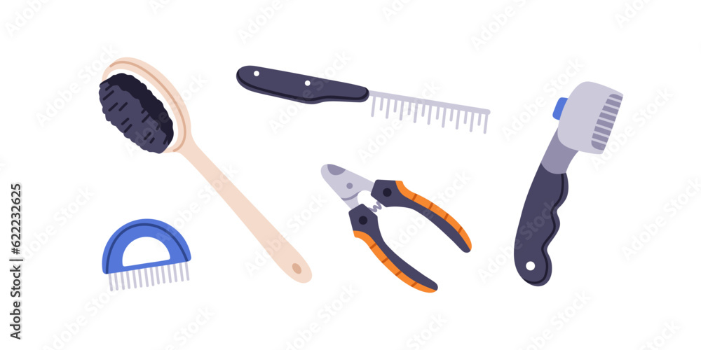 Pets brushes, combs, hair remover, cleaning tools, cutting clipper set. Claw and fur care, hygiene accessories, grooming supplies. Animals stuff. Flat vector illustrations isolated on white background Pets brushes, combs, hair remover, cleaning tools, cutting clipper set. Claw and fur care, hygiene accessories, grooming supplies. Animals stuff. Flat vector illustrations isolated on white background
