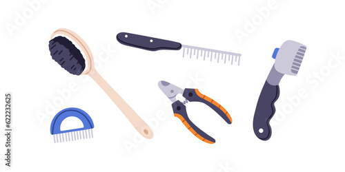 Pets brushes, combs, hair remover, cleaning tools, cutting clipper set. Claw and fur care, hygiene accessories, grooming supplies. Animals stuff. Flat vector illustrations isolated on white background