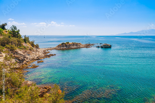 Landscape view of rocks and blue water near Kavala, Greece, Europe