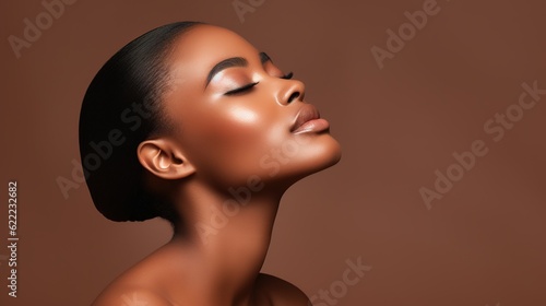 Beautiful young black African ethnic woman model posing profile side face touching chin on brown background advertising facial neck skin care spa treatment, nails manicure and skincare, generative ai