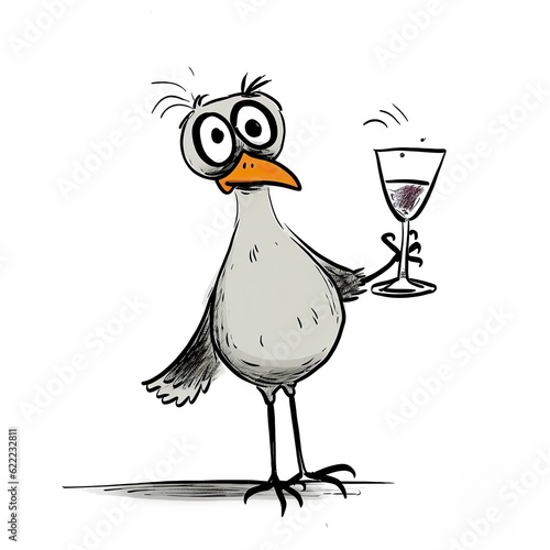 A tipsy bird with a glass of whine