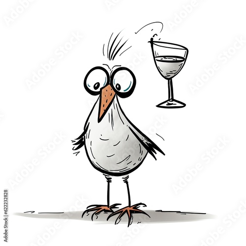 A tipsy bird with a glass of whine
