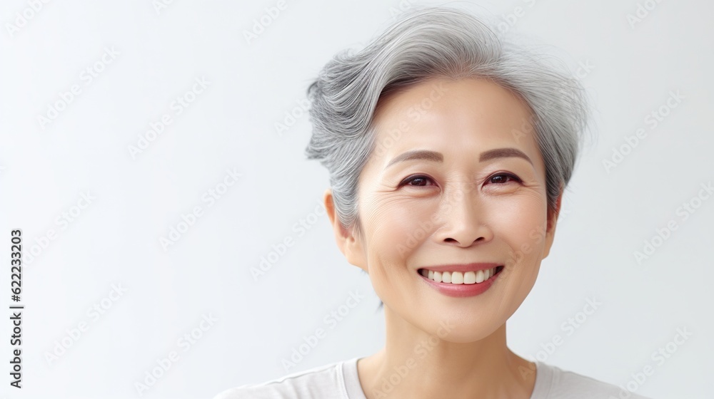 Silver-haired Beauty: A portrait of a radiant Asian woman with silver hair and a captivating smile, radiating confidence and grace. Her warm, expressive eyes sparkle with life. Silver-haired Beauty: A portrait of a radiant Asian woman with silver hair and a captivating smile, radiating confidence and grace. Her warm, expressive eyes sparkle with life.