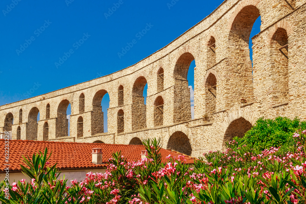Old town, castle and aqueduct in Kavala, Greece, Europe in summer