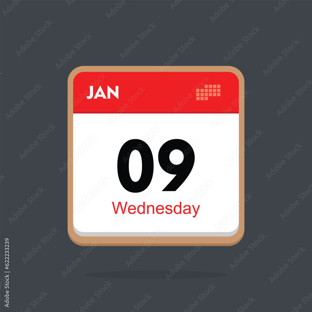 wednesday 09 january icon with black background, calender icon