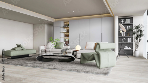 3d rendering modern white living room interior design