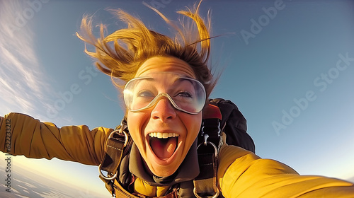 Fényképezés Young woman parachutist smiling in free fall