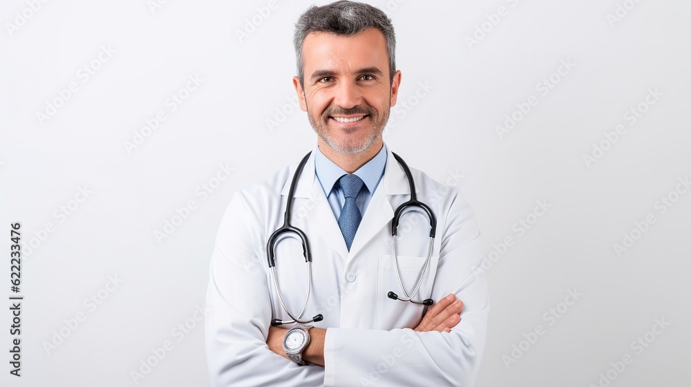 Doctor, man and arms crossed in portrait with smile and confidence isolated on white background. Medical professional, happy male physician in studio, generative ai