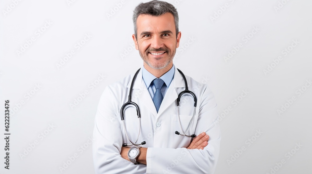 Doctor, man and arms crossed in portrait with smile and confidence isolated on white background. Medical professional, happy male physician in studio, generative ai Doctor, man and arms crossed in portrait with smile and confidence isolated on white background. Medical professional, happy male physician in studio, generative ai