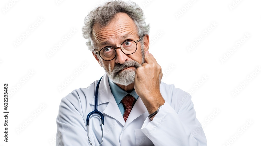 Elder doctor, thinking and worry or mistake at clinic confused for pharmacist. Medical person, confused and frustrated about patient , generative ai Elder doctor, thinking and worry or mistake at clinic confused for pharmacist. Medical person, confused and frustrated about patient , generative ai