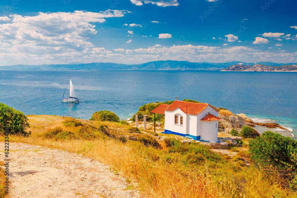 Old church and sea shore near Limenas, Thassos island, Greece, Europe