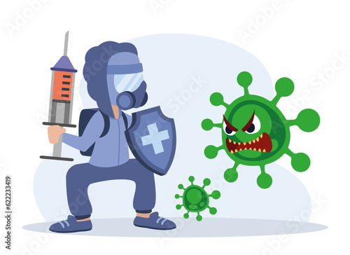 Man in protective uniform and shield, stands in front of virus. Health care providers fight virus with vaccinations and immunizations. Flat vector illustration in blue and green colors with cartoon