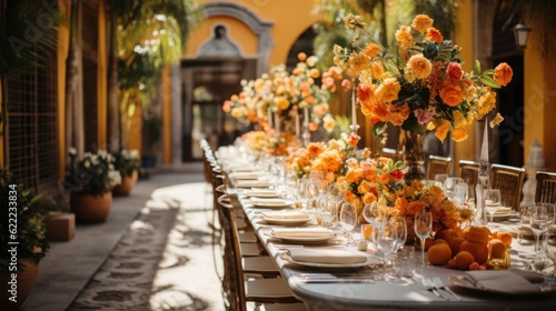 in the back yard of the old villa there is a long festive table, which is decorated with lemons, orange and herbs, on the table are plates, glasses and candles. Wedding in Italy. Tuscany